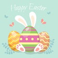 Happy Easter. Easter egg with bunnys ears. Greeting card in flat style